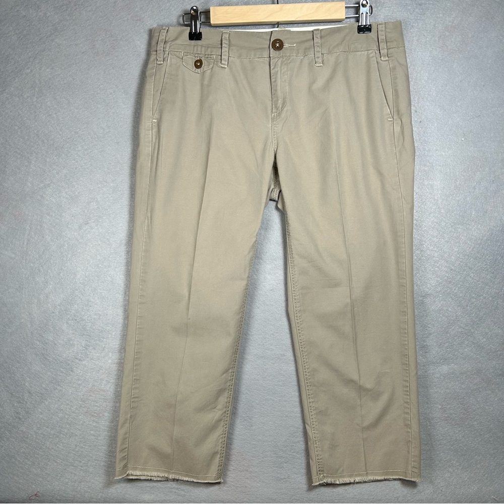 Anthropologie Paperboy Clothing Khaki Copped Women’s Pants Distressed Hem Size 8